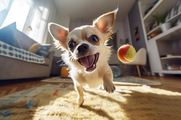 Chihuahua puppy playing with ball at home